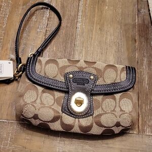 Coach Brown Signature Canvas Wristlet with Black Trim